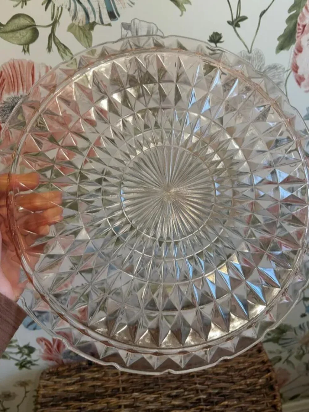 Vintage Blush Pink Pressed Glass Starburst Platter Decorative Round Tray